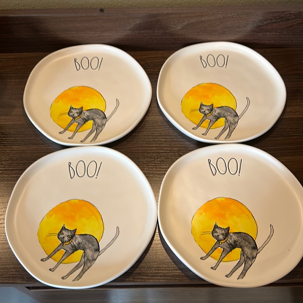 Rae Dunn Set of 4 BOO! 8” ceramic Plate with Cat and Moon